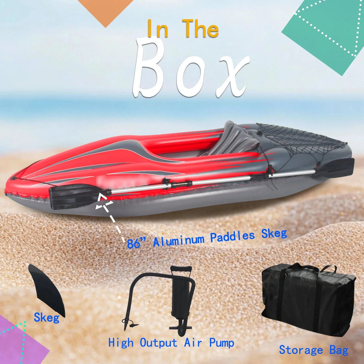 Inflatable Kayak Fishing Boat 1 Person Adult Red Canoe, with Paddles, Bag, Seats, High-Output Pump, Fin, for Lakes & Rivers