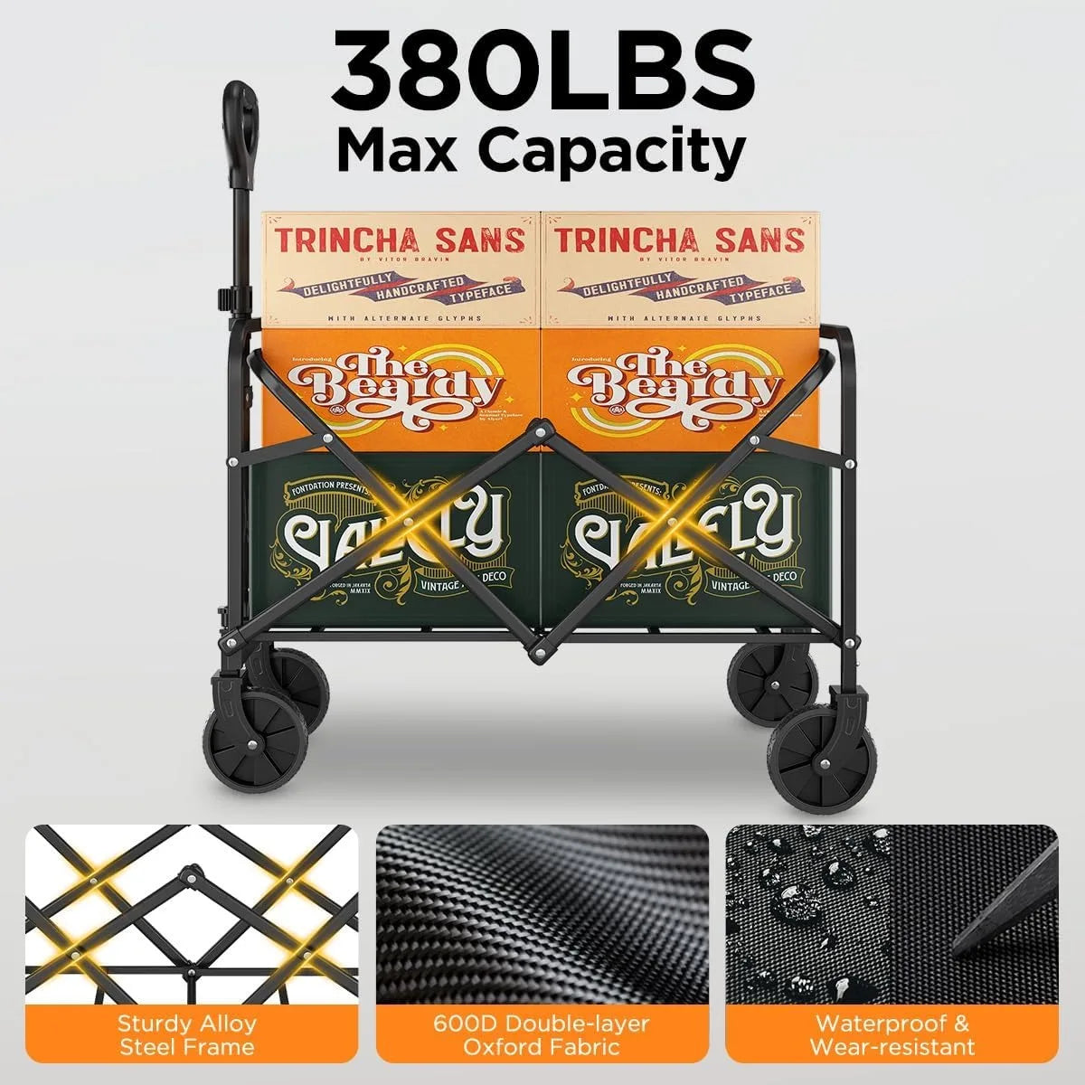 380LBS Capacity Folding Garden Wagon, Heavy Duty Utility Cart with Adjustable Handle, Portable All-Terrain Outdoor Camping Grocery Canvas Cart