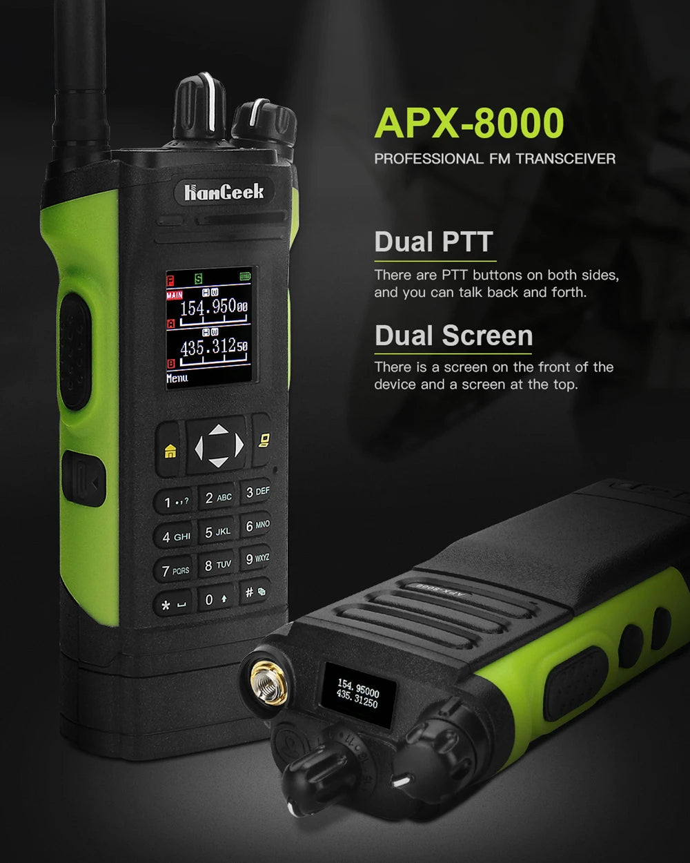 HAMGEEK APX-8000 Green 12W 128CH VHF UHF Walkie Talkie Dual Band Radio Dual PTT and Duplex