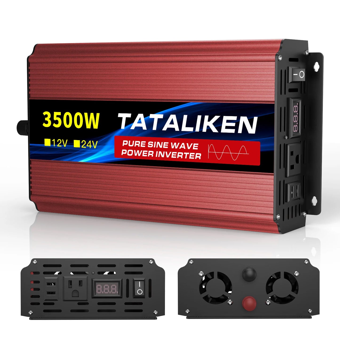 5000W Pure Sine Wave Inverter 12V 24V DC to AC 110V US Outlet Digital Screen Temp-Controlled Fan for Car Vehicle RV Solar