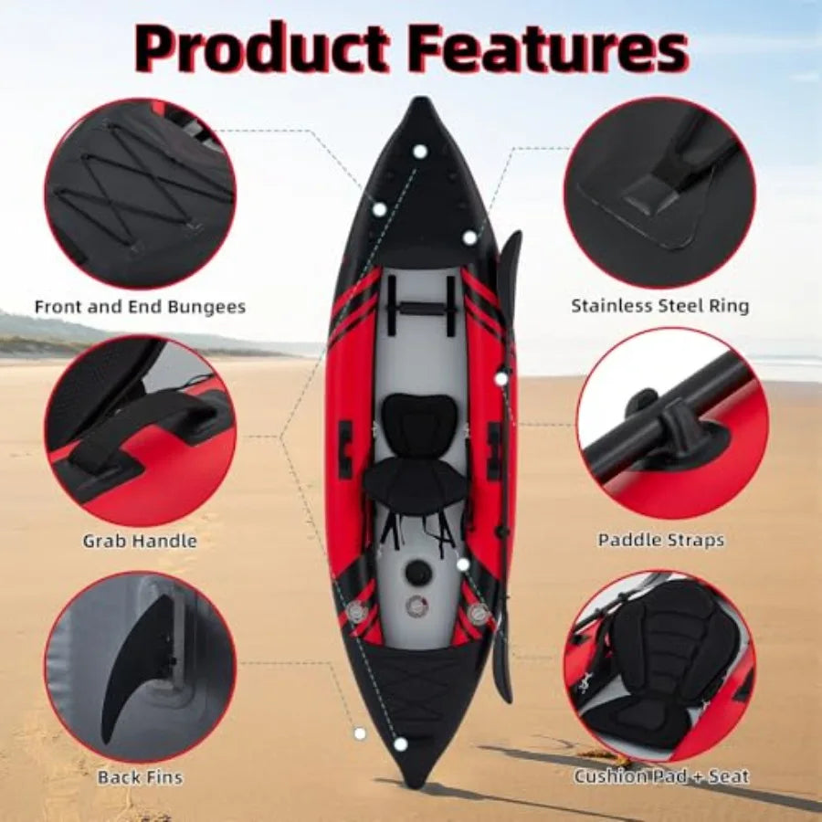 1-Person Inflatable Kayak for Fishing, Touring, Recreational Paddling Red Drop-Stitch Floor, Lightweight, Portable, Durable Sol