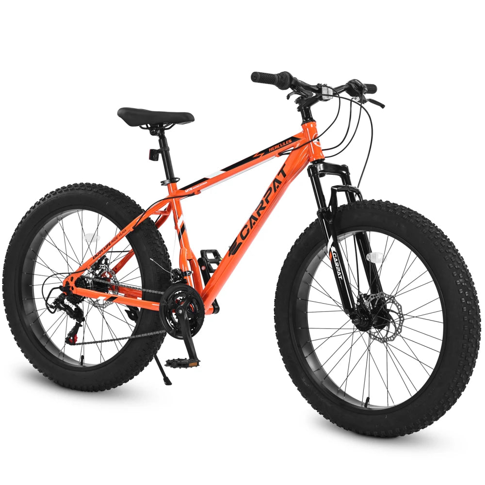 26 Inch Adult Fat Tire Mountain Bike, 21 Speed Gears, High Carbon Steel Frame, Front Suspension, Front Rear Dual Disc Brakes, All Terrain Bicycle for Mountain & City Commute