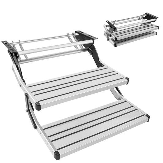 RV Steps, 2-Step, 440 lbs Load Capacity, Manual Retractable RV Stairs, Telescopic Folding Aluminum Alloy Camper Steps, Steel Frame Non-Slip Entry Stairs for Camper Van Motorhome Travel Trailer