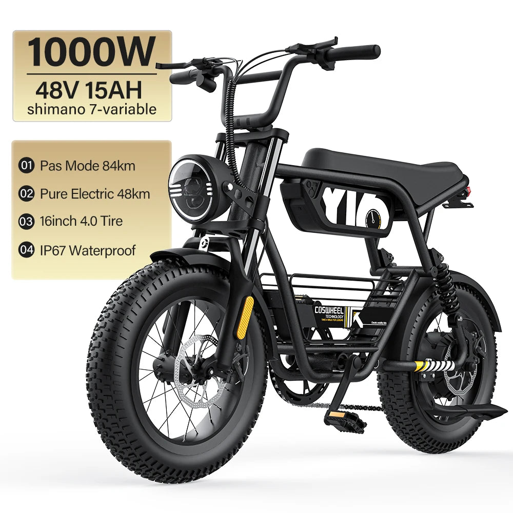 Coswheel Electric Bike1000W 48V 15AH Commuting E bike Y16 Fat Tire Mountain Electric Bike Adult Off-Road Electric bicycle