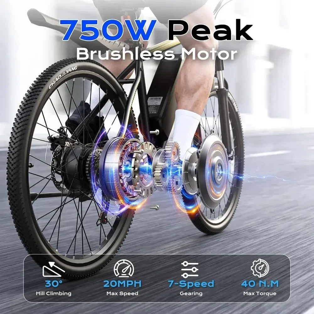 750W Peak Motor Adult Electric Mountain Bike, 22 MPH, 48V, 50 Miles Range, 24/26 Wheels, 7-Speed, Front Suspension