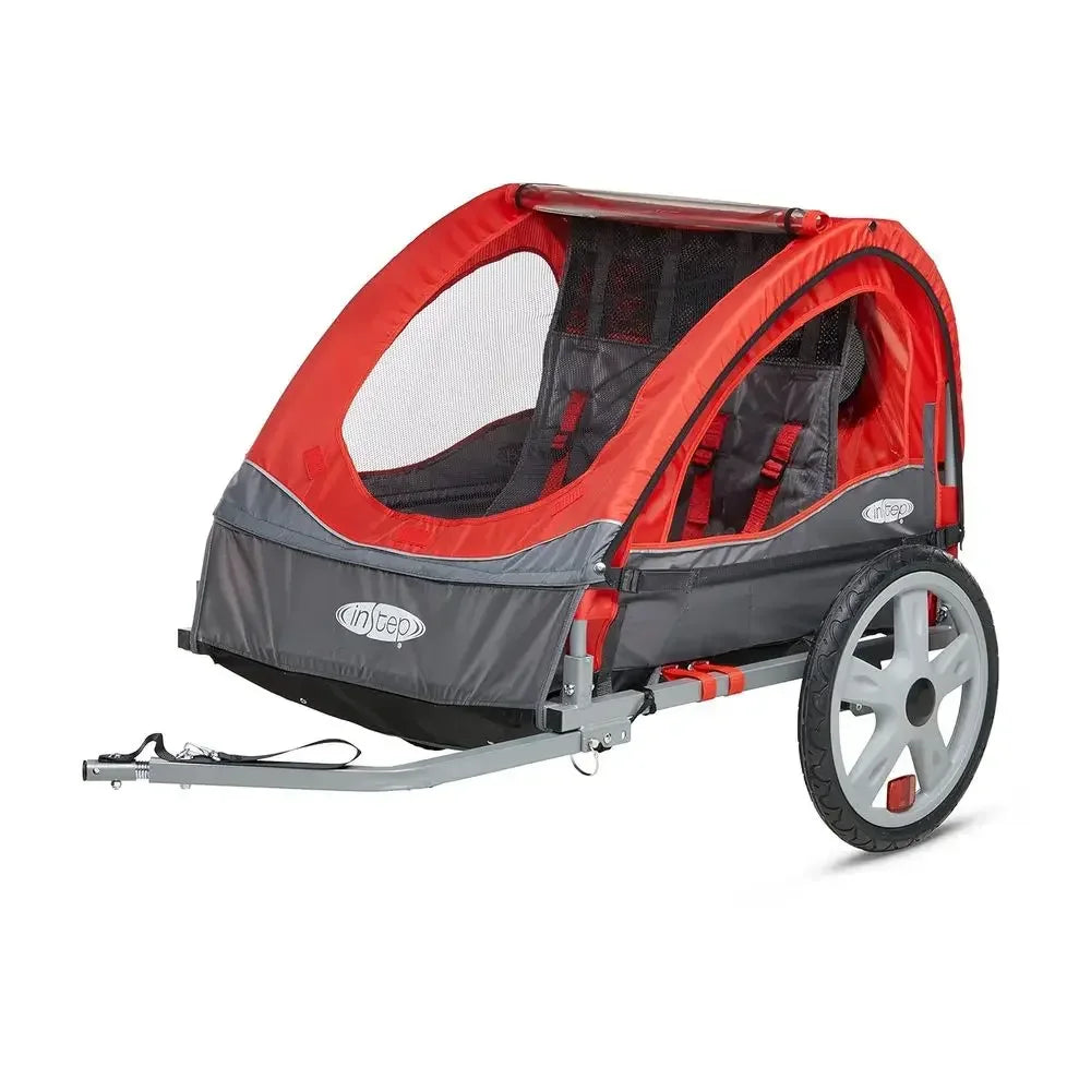 Red Double-Seat Bike Child Trailer: 80 lbs Max Weight, 5-Point Harness, Quick-Release Wheels, Bug & Weather Shield