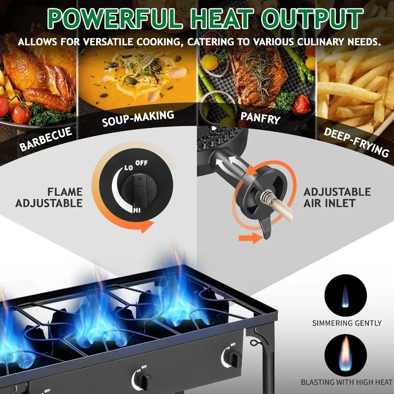 Outvita 3 Burner Propane Gas Stove for Outdoor Cooking, 225,000 BTU Camping Cooker with Removable Legs,Temp Control Knobs