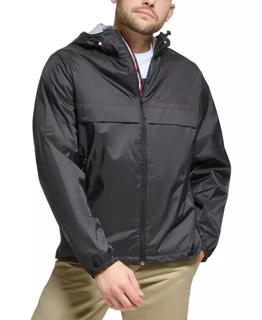 Tommy Hilfiger Men's Water-Resistant Running Jacket with Hood Zip-Front Outdoor Sportswear Design