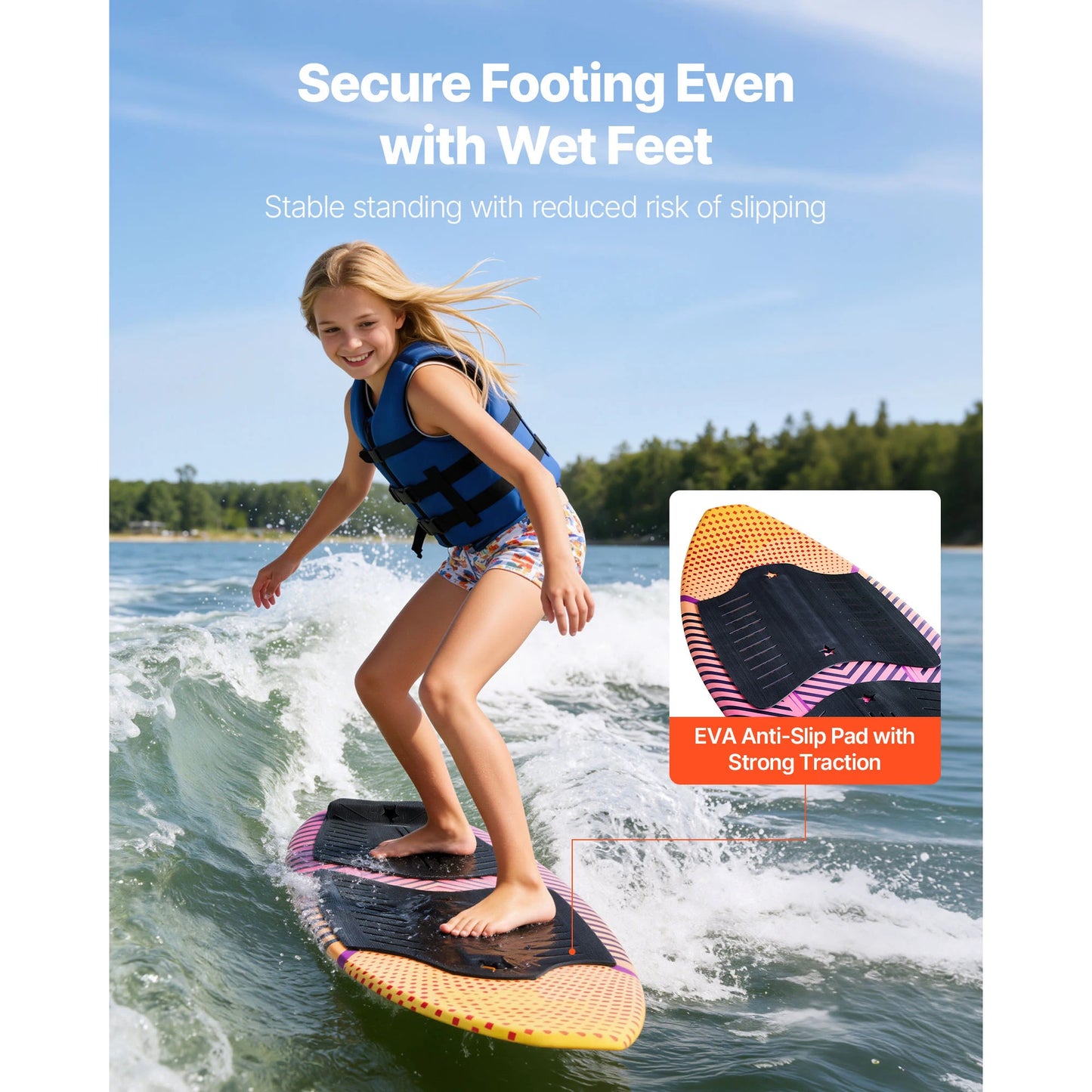SucceBuy 45/63In Wakesurf Board Wake Surfing Board with EPS Foam Core & EVA Non-Slip Pad UV-Resistant for Youth Up to 110/250lbs