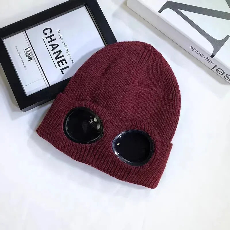 Unisex Men Women Knitted Hat with Goggles Windproof Winter Warmer Ski Beanies Soft Warm Anti-slip Ear Protection Garros