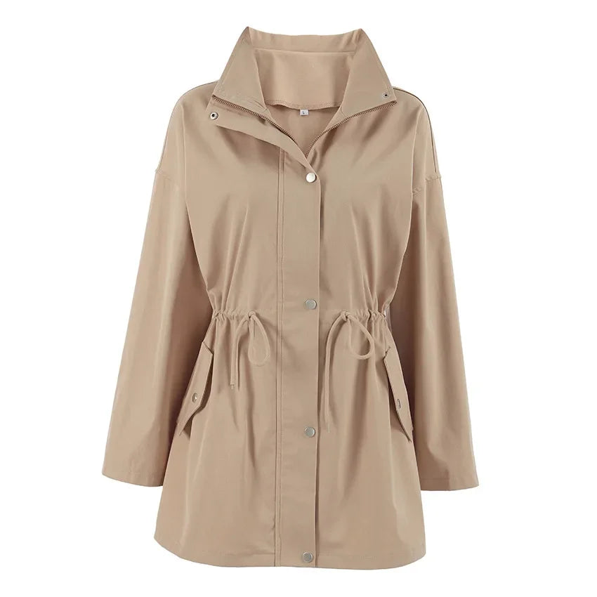 Autumn Barn style retro tooling trench coat women's medium and long drawstring waist lace slack simple casual coat