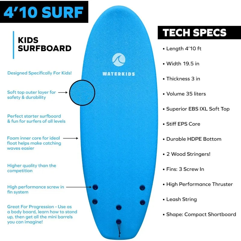 4'10 Kids Surfboard & Leash, Perfect for Learning How to Surf, Made for Kids, Soft Top Surfboard