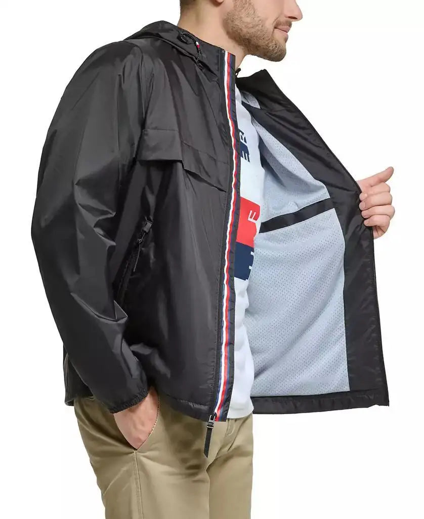 Tommy Hilfiger Men's Water-Resistant Running Jacket with Hood Zip-Front Outdoor Sportswear Design