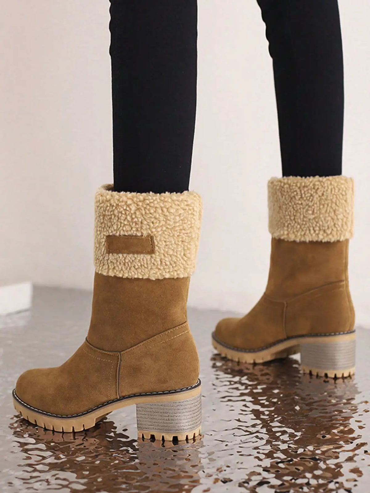 Winter Faux Fur Snow Boots For Women Platform Block Chunky Heels Pull On Comfortable Outdoor Suede Warm Boots