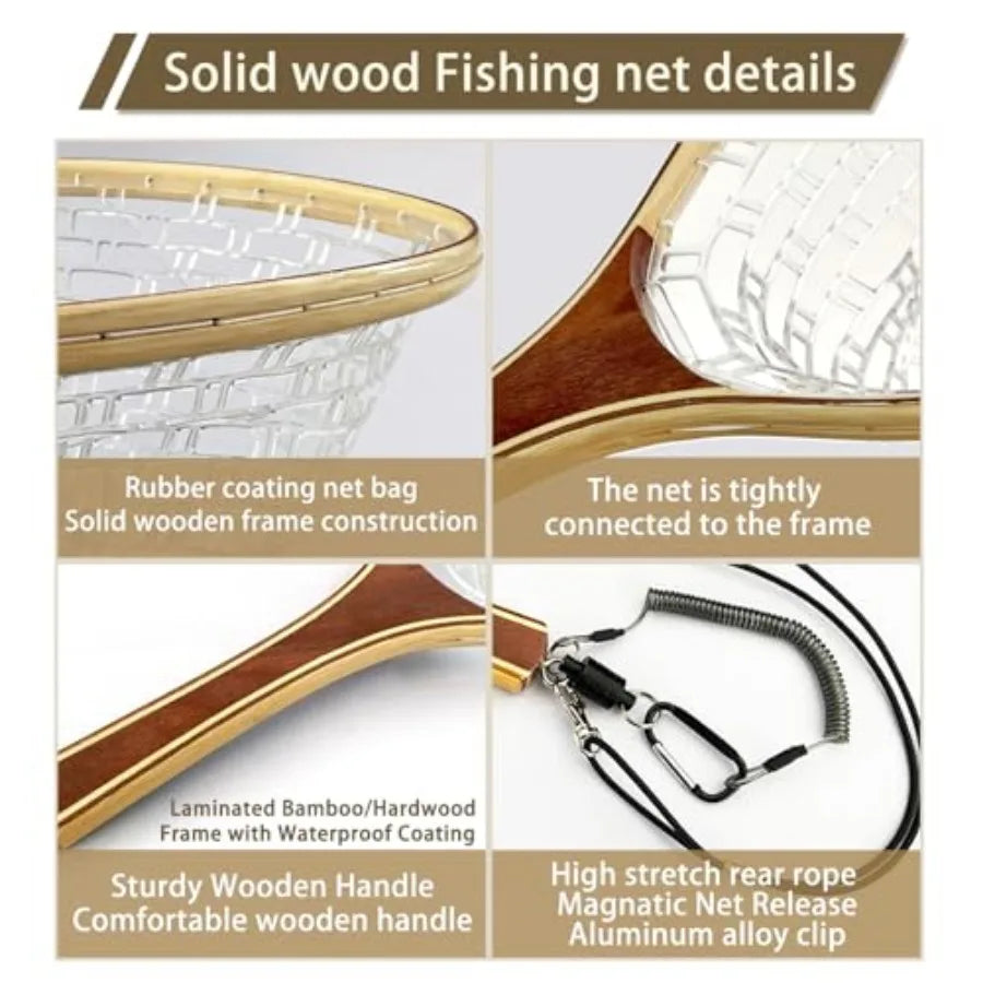 Square Head Fly Fishing Landing Net Trout Soft 23.62in Rubber Catch and Release Fish Net with Wooden Handle Frame Magnetic Fly