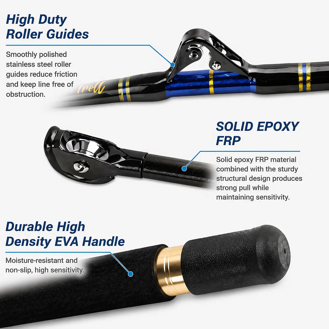 Fishing Trolling Rod,, Fishing Big Game Trolling Rod 5'6 with 4+1 Roller Guides，Detachable sea fishing rod