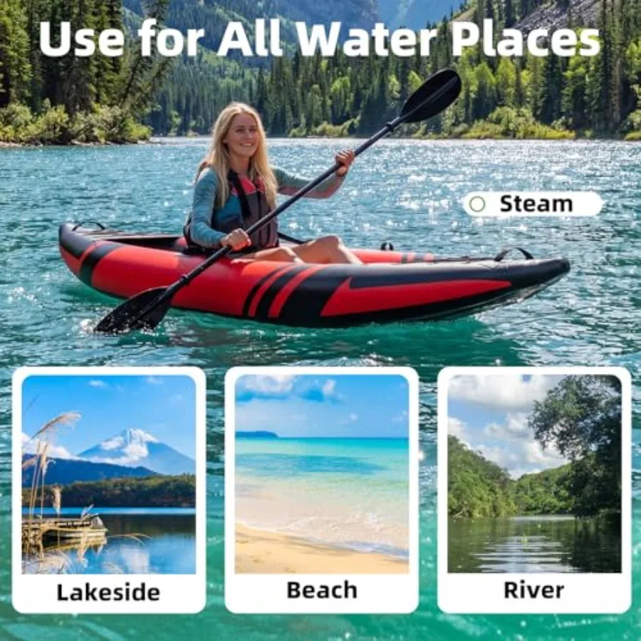 1-Person Inflatable Kayak for Fishing, Touring, Recreational Paddling Red Drop-Stitch Floor, Lightweight, Portable, Durable Sol