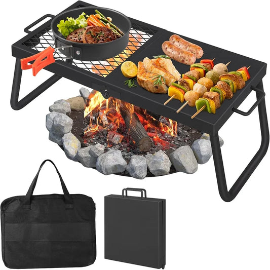 Folding Campfire Grill, Heavy Duty Steel Mesh Grate, Over Fire Pit,