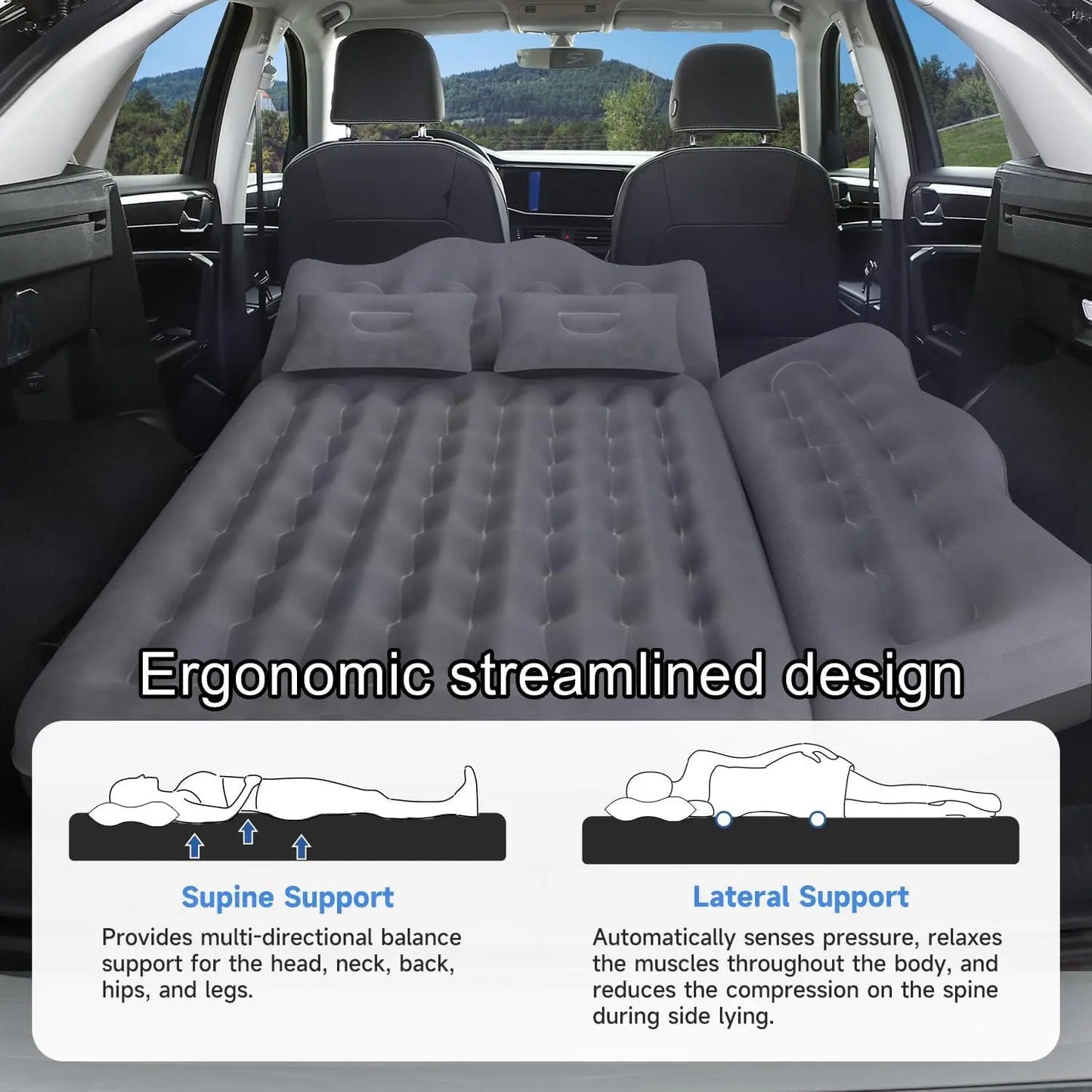 Inflatable Car Mattress Bed: SUV Camping Air Mattress with Pump & Pillows, Blow Up Car Sleeping Matt
