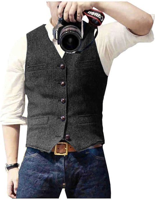 Men's Vest  Wool Herringbone Tweed Casual Waistcoat Business Vest Green/Black/Brown/Coffee