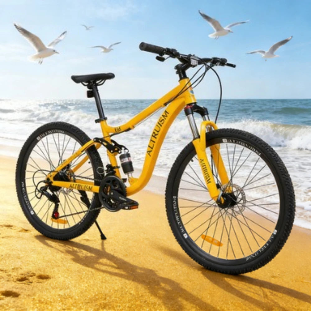 26 Inch Mountain Bike for Men & Women, 21 Speed Dual Suspension Adult Bicycle with Adjustable Disc Brake High Carbon Steel Frame