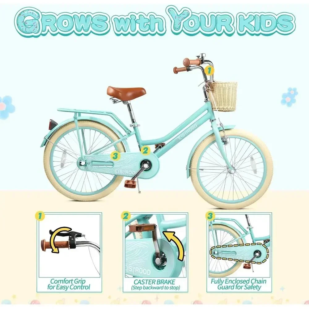 20 Inch Girls' Bike with Basket, Kickstand, Suspension, and Dual-Disc Brakes for Ages 5-12