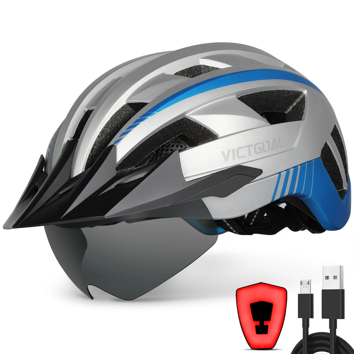 VICTGOAL Adults Mountain Bike Helmets with Goggles Visor Men Women USB Rear Light Bicycle Safety Caps Road Bike Electric Scooter Cycling Helmets