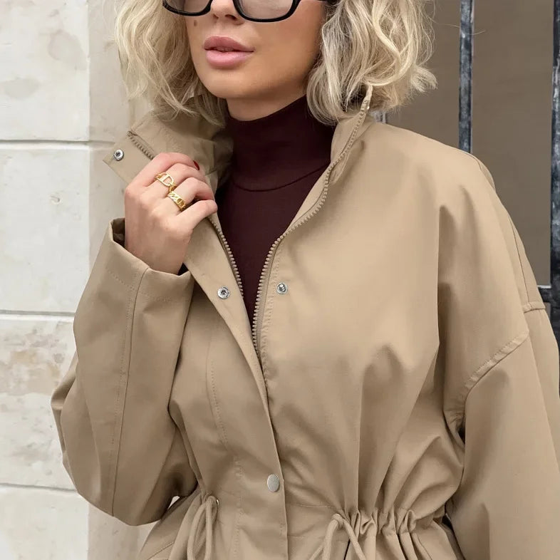 Autumn Barn style retro tooling trench coat women's medium and long drawstring waist lace slack simple casual coat