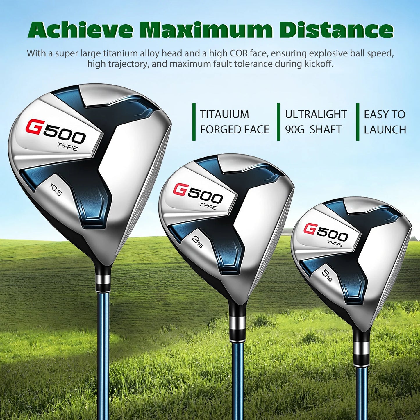 1 Set Men's Golf Club Set (3 Woods, 1 Hybrid Club, 6 Irons , 1 Pitching Wedge, 1 Putter), Including Golf Bag And 5 Club Covers, Specially Designed for Right-handed Golfers | Suitable for Beginners And Intermediate Players, Go