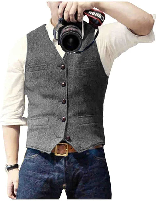 Men's Vest  Wool Herringbone Tweed Casual Waistcoat Business Vest Green/Black/Brown/Coffee