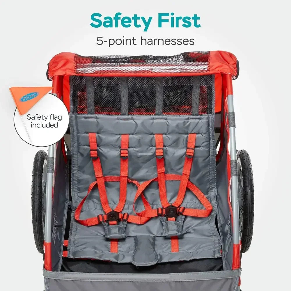 Red Double-Seat Bike Child Trailer: 80 lbs Max Weight, 5-Point Harness, Quick-Release Wheels, Bug & Weather Shield