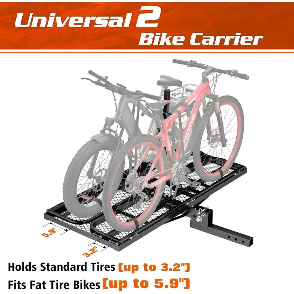 Hitch Cargo Carrier with Bike Rack 60" x 24" x 14" Folding Trailer Hitch Cargo Carrier 500 LBS Capacity for Standard, Fat Tire a