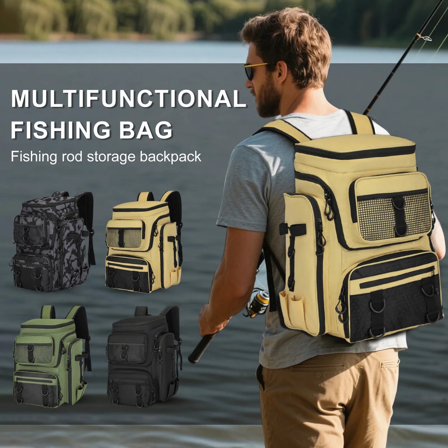 42L Large Fishing Backpack With Fishing Rod Rack & Tackle Box,  With Multiple Pockets