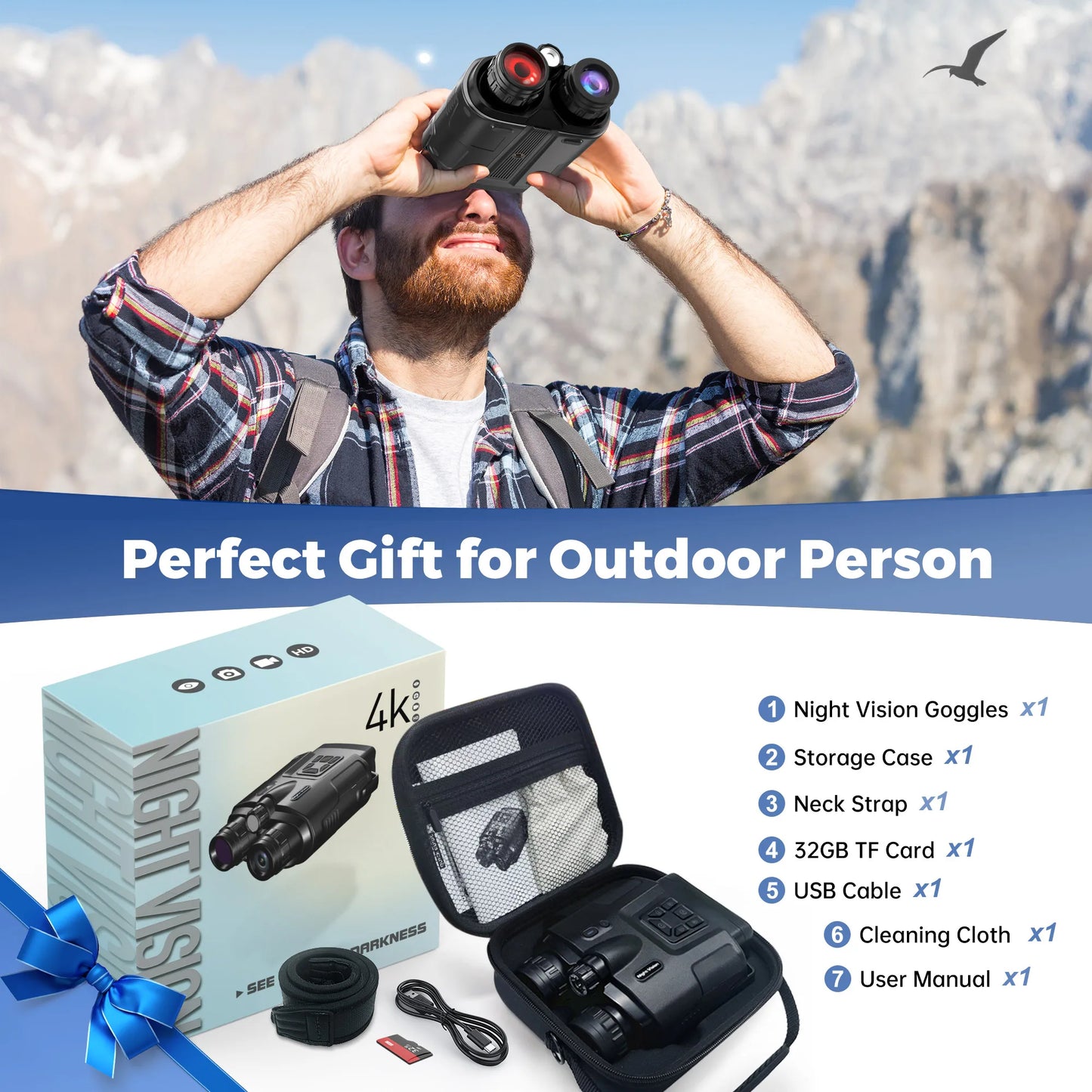 4K Night Vision Binoculars 3inch Screen 8X Digital Zoom With Tactical Light 5000mAh Rechargeable