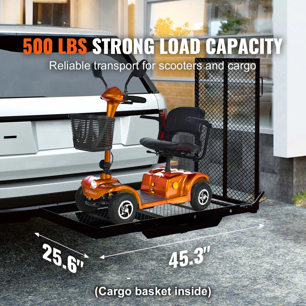 SucceBuy Hitch Mount Cargo Carrier Hitch Cargo Rack with Folding Ramp 500LBS Mobility Scooter Carrier Fit 2" Hitch Receiver