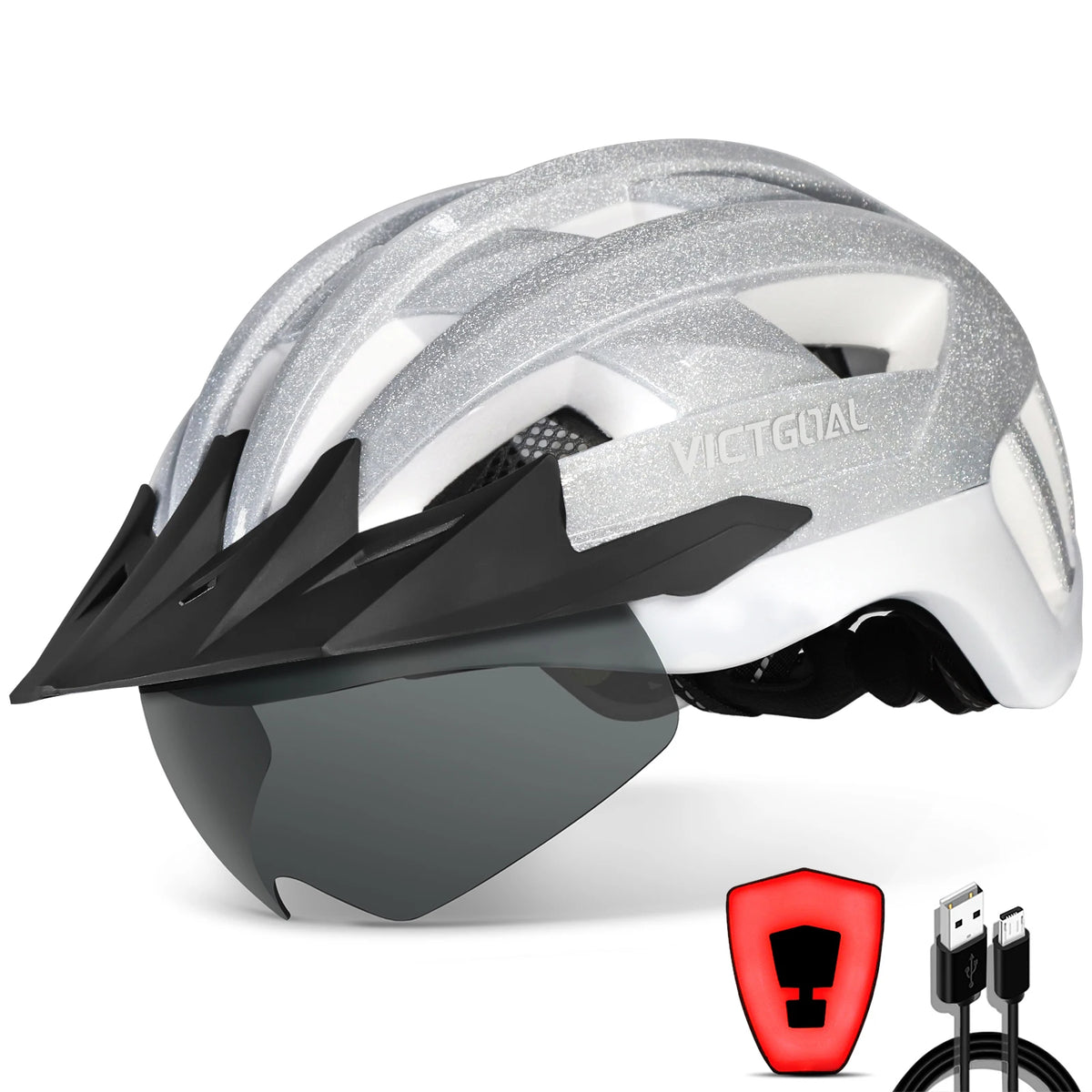 VICTGOAL Adults Mountain Bike Helmets with Goggles Visor Men Women USB Rear Light Bicycle Safety Caps Road Bike Electric Scooter Cycling Helmets
