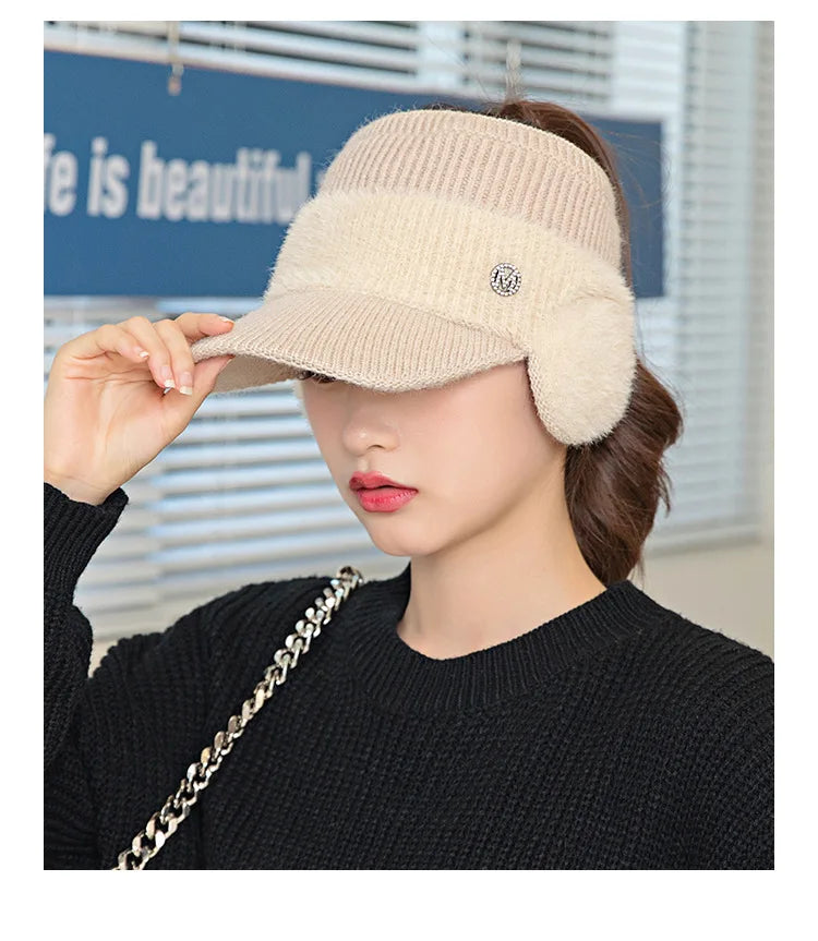 winter women's hat empty top wool ear protection cap leaky ponytail thick warm knit hat