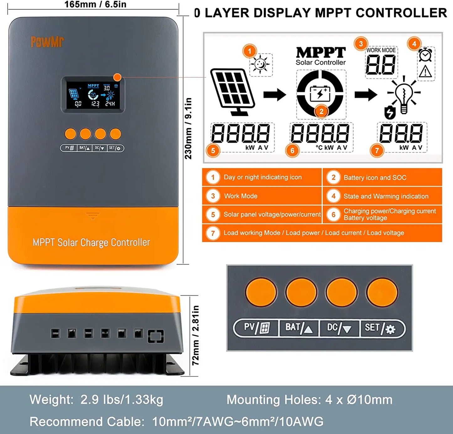 PowMr MPPT Solar Charge Controller 60A 12V/24V/36V/48V Auto LCD Display Solar Panel Regulator for Lithium Battery & Connector