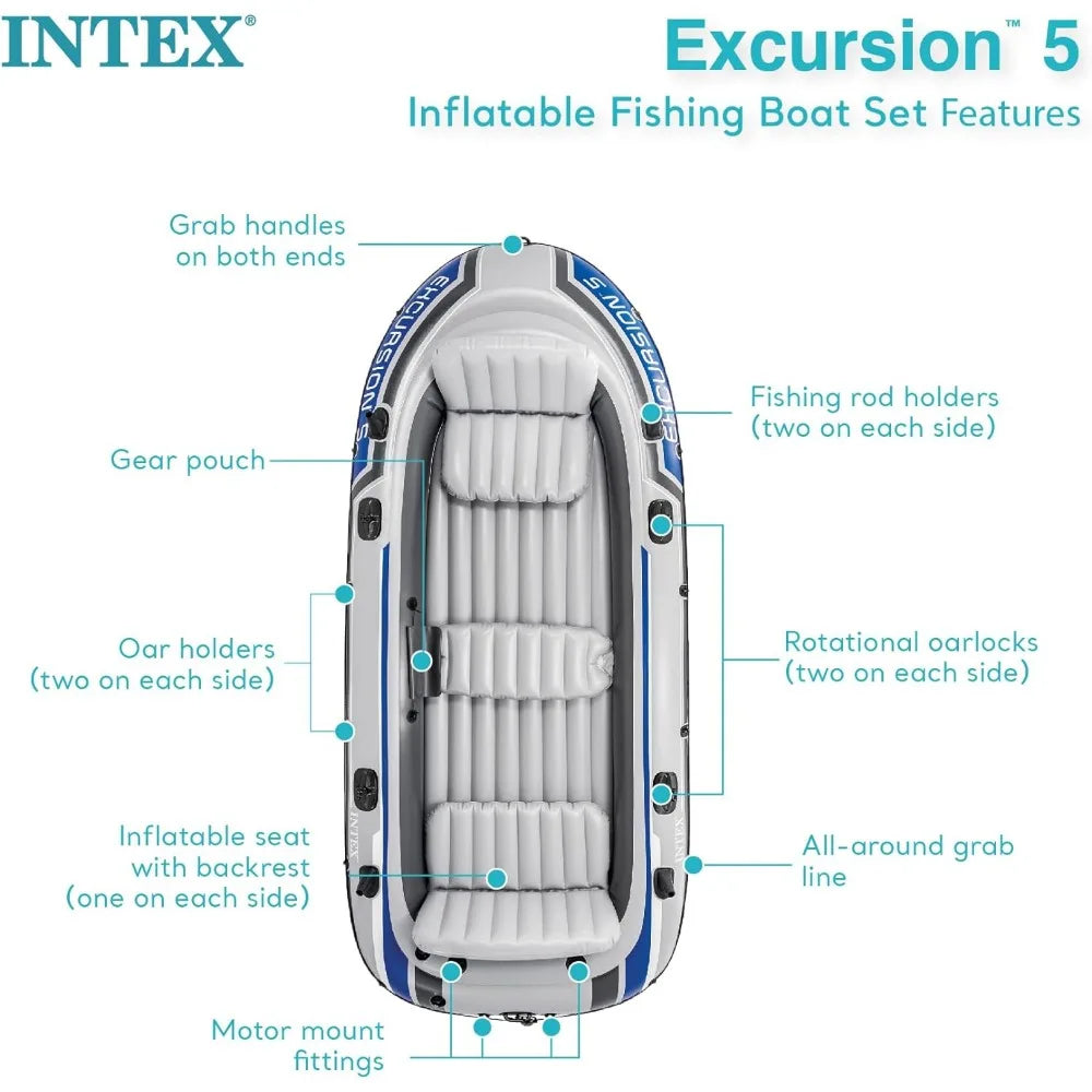 Excursion 5 Person Inflatable Boat Set with 2 Aluminum Oars, Pump, 12V Transom Mount Trolling Motor, and Motor Mount Kit