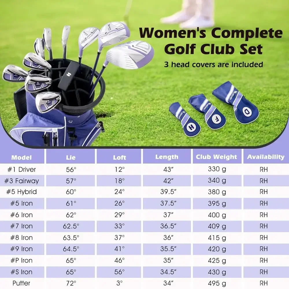 11-Piece Women's Golf Club Set with 460CC Driver, Hybrid, Irons, Putter, and Cart Bag