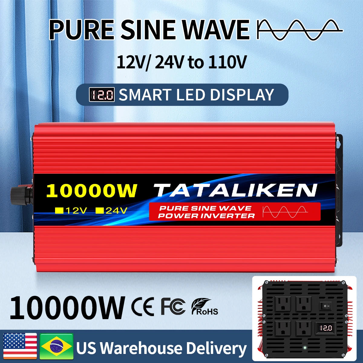 1600w-4500W 12V/24V to AC 110V 60Hz Pure Sine Wave Inverter Car Power Transformer  Voltage Portable  Converter with LED Display