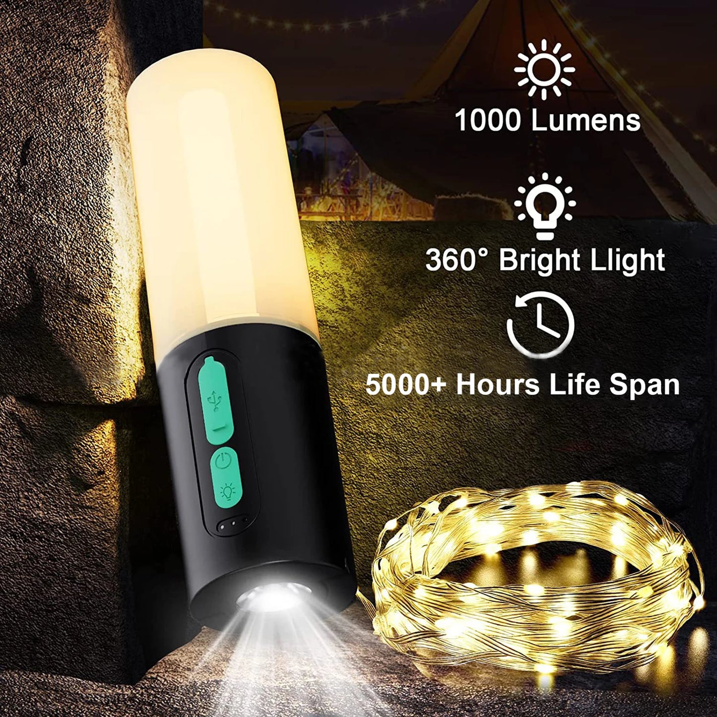 Night Light Outdoor Camping Lantern Emergency Flashlight Night Light String Lights Type-C Rechargeable Built-in 4000mAh Battery