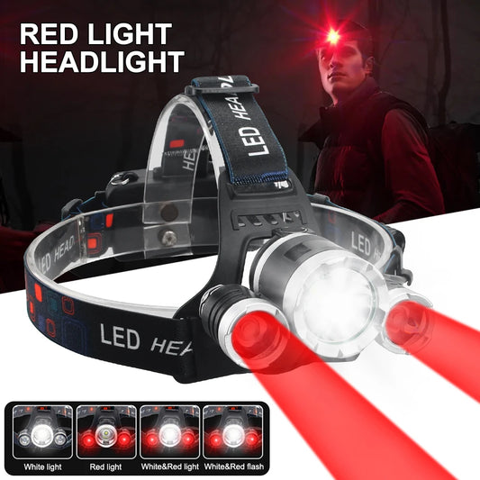 Led Headlamp Red/Green/White/Purple Light USB Rechargeable Powerful Headlight Camping Search Flashlight 90° Adjustable Head Lamp
