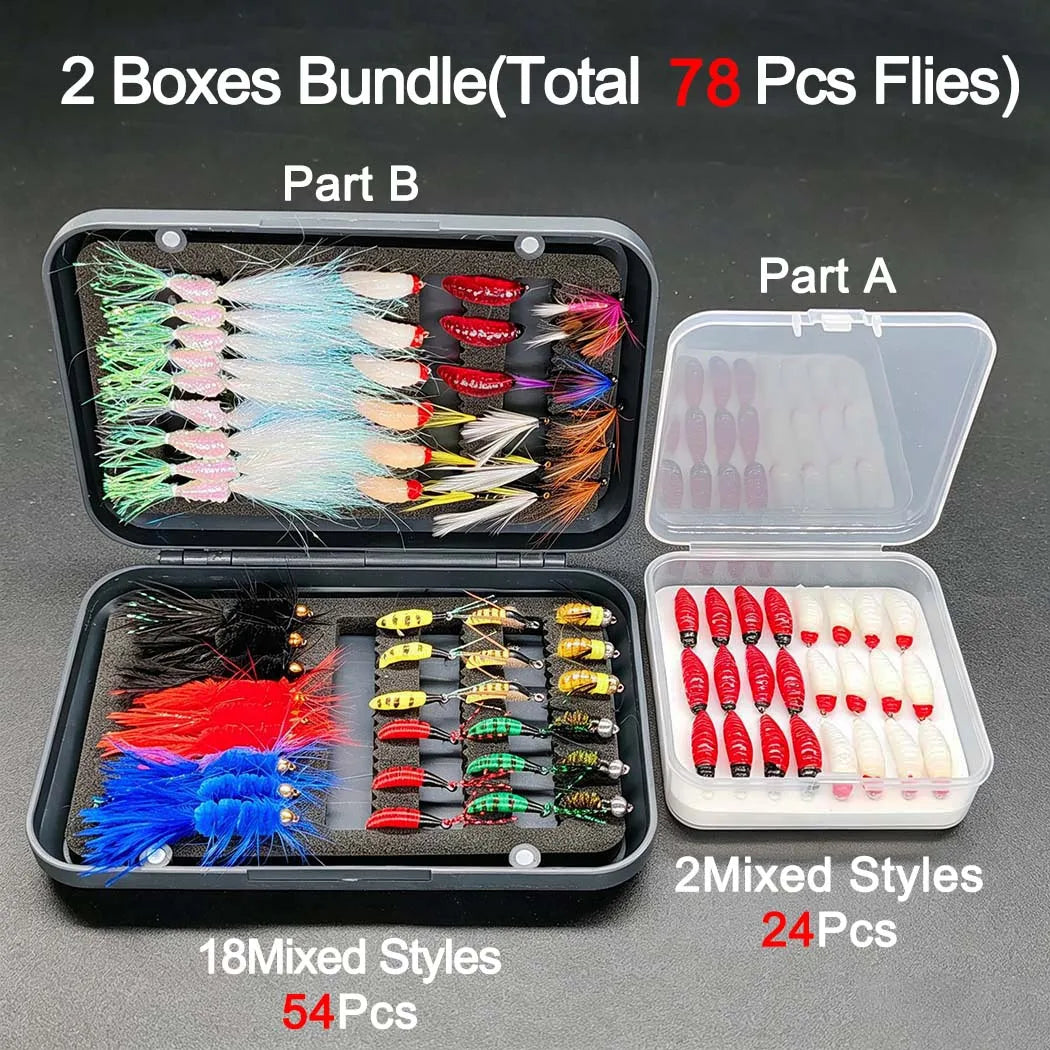 Fly Fishing Flies Lure Kit-2 Boxes Bundle(Total 78Pcs Flies) Bait Set Fishing for Trout Bass Flies Nymphs Dry/Wet Fly Fishing Bait