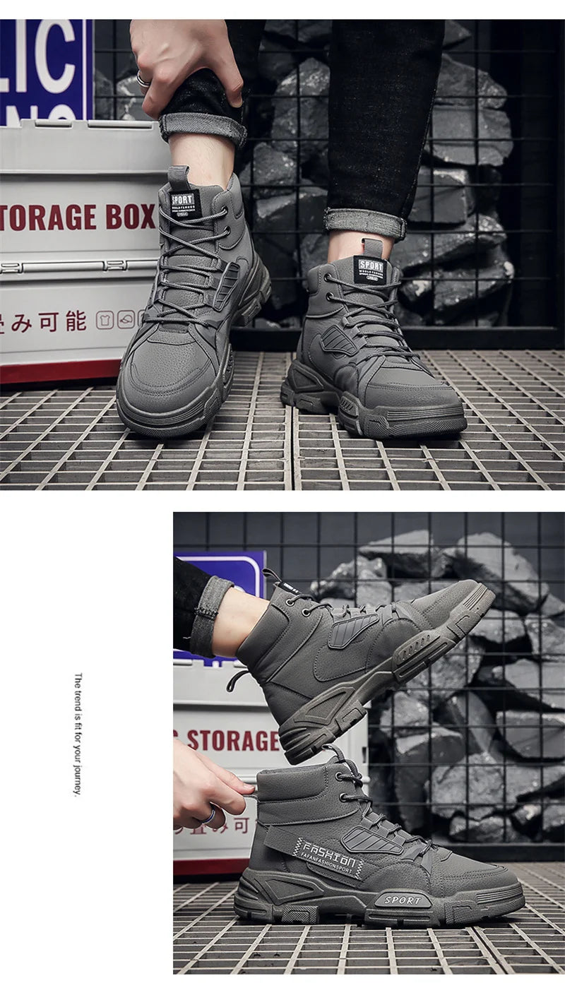 2024 Spring New Leisure Shoes for Men Outdoor Work Boots Trendy Fashion Leather Boots High Top