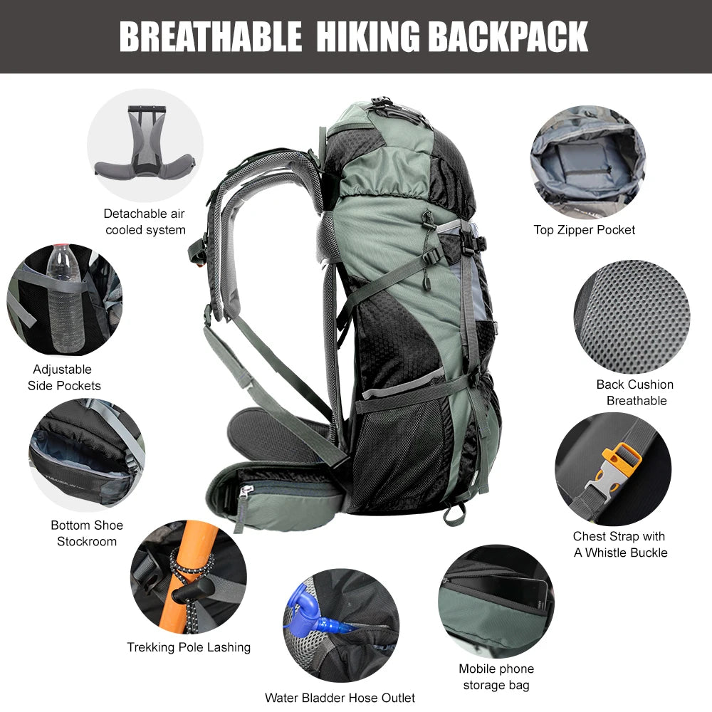 WESTTUNE 60L Explorer Internal Frame Backpack with Rain Cover for Hiking Camping Backpacking Travel