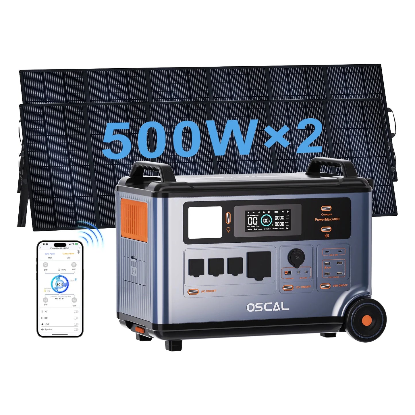 OSCAL PowerMax6000 Portable Power Station With 500W Solar Panel,6000W Continuous 9000W Peak,LiFePO4 Battery,2200W AC 2400W Solar Fast Charging,APP Monitor,Emergency Power Backup for Home,Camper,Outdoor Blackout