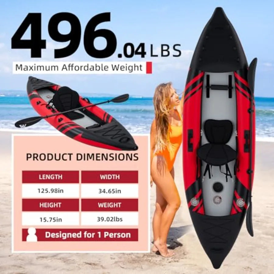 1-Person Inflatable Kayak for Fishing, Touring, Recreational Paddling Red Drop-Stitch Floor, Lightweight, Portable, Durable Sol