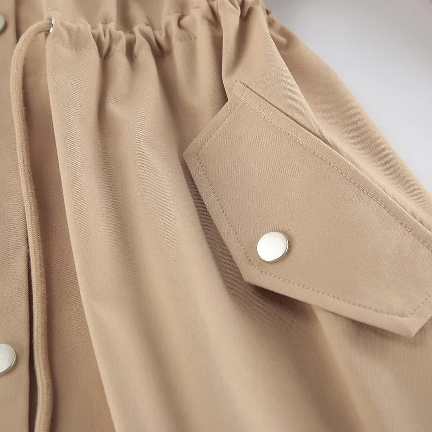 Autumn Barn style retro tooling trench coat women's medium and long drawstring waist lace slack simple casual coat