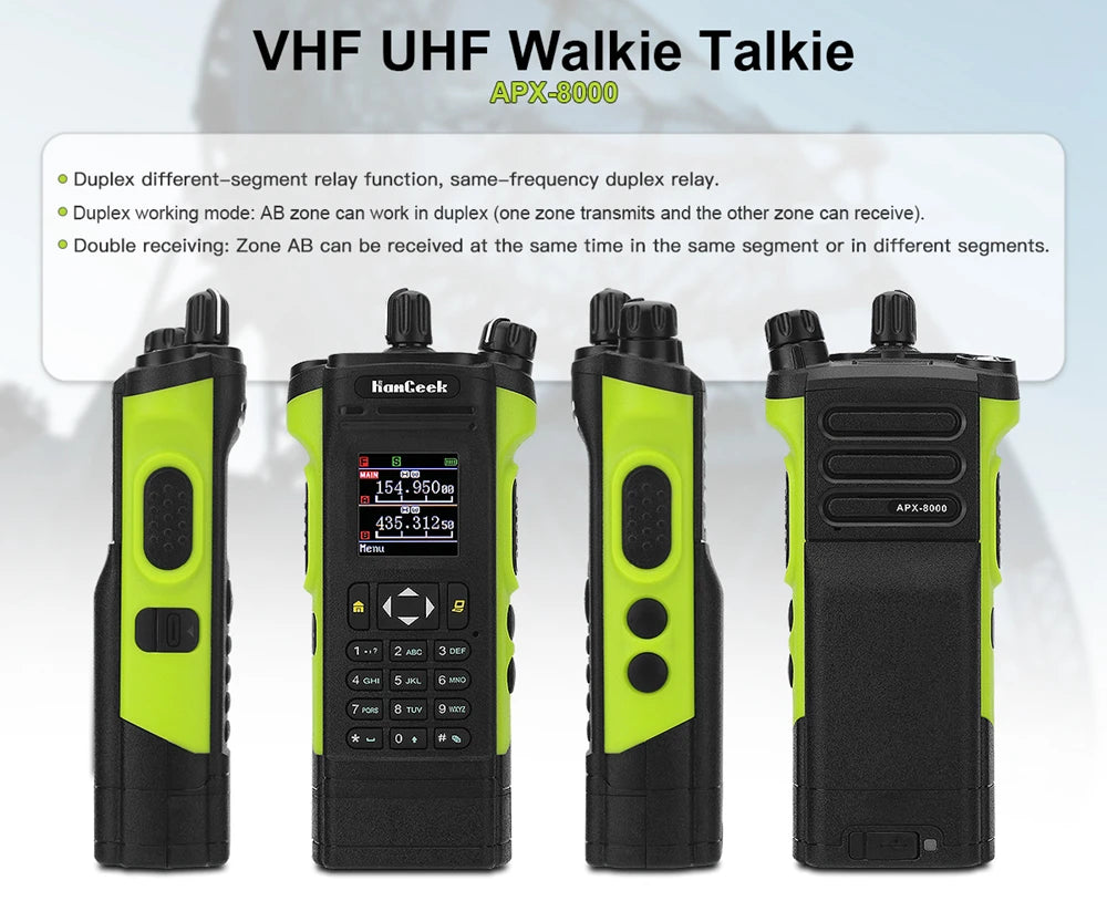 HAMGEEK APX-8000 Green 12W 128CH VHF UHF Walkie Talkie Dual Band Radio Dual PTT and Duplex